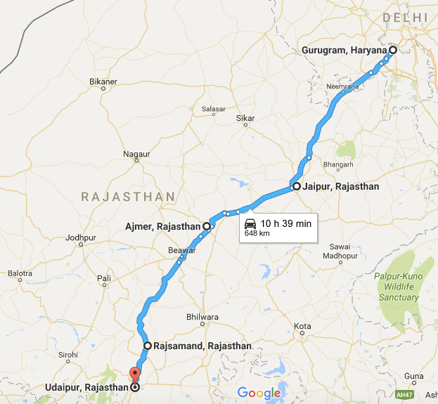 Gurugram to udaipur route